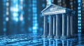 Digital bank model with columns and binary code background, representing modern finance and technology Royalty Free Stock Photo