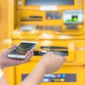 Digital banking via internet communication on smartphone device concept for paying cash payment or making money transfer Royalty Free Stock Photo