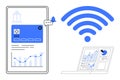 Digital Banking and Wireless Data Concepts with Mobile App, Laptop Analytics, and wireless Connection Royalty Free Stock Photo