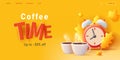 Digital banner with 3d illustration of autumn leaves with clock and coffee cups, fall warm compositio with typography