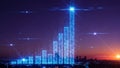 Digital bar chart growth over a futuristic city skyline at twilight with glowing data streams Royalty Free Stock Photo