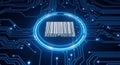 Digital barcode symbol illuminated within futuristic circuit board technology network Royalty Free Stock Photo