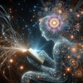 A digital being immersed in cosmic patterns reads a book Royalty Free Stock Photo