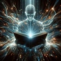 A digital being immersed in cosmic patterns reads a book Royalty Free Stock Photo