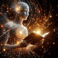 A digital being immersed in cosmic patterns reads a book Royalty Free Stock Photo