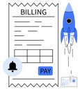 Digital Billing Concept with Payment Button, Notification Bell, and Startup Rocket Symbolizing Growth Royalty Free Stock Photo