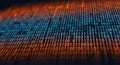 Digital binary code data stream flowing across a glowing futuristic circuit board background with orange highlights Royalty Free Stock Photo