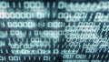 Digital binary code number on computer screen background. Blue green digital numeral software global network. Cyber security and Royalty Free Stock Photo
