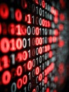 Digital binary code in red and white glowing numbers displayed on a dark screen representing data encryption and advanced computer Royalty Free Stock Photo