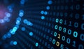 Digital binary code streaming on dark backdrop with selective blue illumination symbolizing cybersecurity data Royalty Free Stock Photo