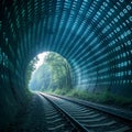 Digital binary data tunnel over railway track symbolizing future technology journey Royalty Free Stock Photo