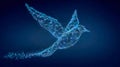 Digital bird composed of glowing blue interconnected lines and nodes flying forward against a dark background symbolizing Royalty Free Stock Photo