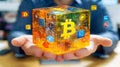 Digital Bitcoin Cube Held in Hand Cryptocurrency, Blockchain Technology, and Decentralized Finance Concept, Innovation and Future