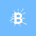 Digital bitcoins symbol with light effect and firework on blue backgraund.
