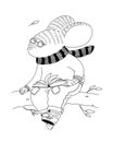 Digital black and white illustartion for coloring book. A mouse in a knitted sweater and jeans is siting on a branch Royalty Free Stock Photo