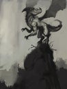 Digital black and white painting small dragon perched on a rocky landscape - digital fantasy illustration