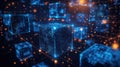 Digital blockchain blocks and data streams with glowing lights in a futuristic network concept