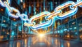 Digital blockchain chain glowing above a modern data center server room, illustrating secure network connections Royalty Free Stock Photo