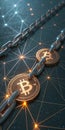 Digital blockchain concept with bitcoin symbols linked in a virtual network