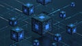Digital blockchain cubes with glowing blue circuit board patterns and data streams on a dark blue background Royalty Free Stock Photo