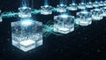 Digital blockchain network with glowing cubes and interconnected lines Royalty Free Stock Photo
