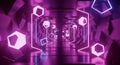 Digital blockchain technology concept with glowing hexagons and binary code in futuristic purple neon cyber environment Royalty Free Stock Photo