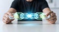 Digital Blockchain Technology Concept with Glowing Links Held by Hands Royalty Free Stock Photo