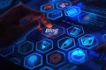 Digital Blog Concept with Futuristic Technology Icons and User Interface. Royalty Free Stock Photo