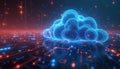 Digital blue cloud structure floats over glowing circuits and abstract data streams. Futuristic technology concept with Royalty Free Stock Photo