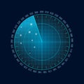 Digital blue realistic radar screen. HUD vector illustration