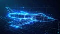 Digital blue wireframe of jet aircraft design displayed on glowing technological interface with data points and grid lines Royalty Free Stock Photo