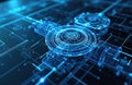 Digital blueprint of complex mechanical assembly. Intricate blue lines show detailed engineering design. Precision schematics Royalty Free Stock Photo