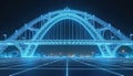 Digital blueprint illustration of arch bridge structure. Futuristic wireframe model shows geometric design, engineering, Royalty Free Stock Photo