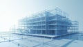 Digital blueprint of multi-story building structure appears. Wireframe building model shows future urban construction tech. Royalty Free Stock Photo