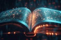 Digital book emitting glowing binary code in a futuristic environment during nighttime Royalty Free Stock Photo