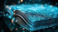 Digital book with glowing data patterns and abstract lights