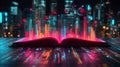 A digital book with vibrant data visualization in a futuristic urban setting Royalty Free Stock Photo