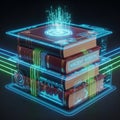Digital books stacked with futuristic glowing interfaces and data visualizations Royalty Free Stock Photo