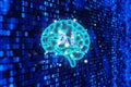 Digital brain with AI text against a futuristic binary code background. Concept artificial intelligence and advanced technology