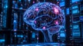 Digital brain artificial intelligence neural network data circuit technology glowing hologram server room cyberpunk concept art Royalty Free Stock Photo