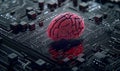 Digital brain on a circuit board. Concept of artificial intelligence and machine learning with red brain Royalty Free Stock Photo