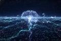 Digital brain composed of glowing particles and energy lines, abstract style, dark background, concept of intelligence Royalty Free Stock Photo