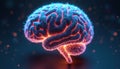 Digital brain concept glows with vibrant blue, orange particles. Represents Artificial Intelligence, machine learning, complex Royalty Free Stock Photo