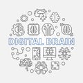 Digital Brain concept round vector illustration in outline style