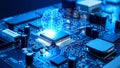Digital brain concept visualized on a computer motherboard with glowing elements. Royalty Free Stock Photo