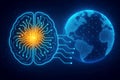 Digital brain connected to a glowing globe representing global AI integration artificial intelligence Royalty Free Stock Photo
