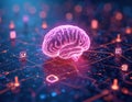 Digital brain connected to multiple icons, representing AI tech. Glowing data streams in background. Concept of machine learning, Royalty Free Stock Photo