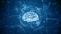 Digital brain is encased in a global structure, Global connectivity, AI technology, and data networks in futuristic environment.