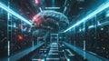 Digital brain floating in futuristic server room Royalty Free Stock Photo