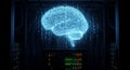 Digital brain formed from binary code hovers above a server rack in a dark data center Royalty Free Stock Photo